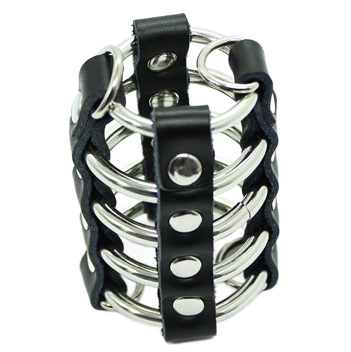 OHMAMA FETISH – CAGE  PÉNIS AVEC ANNEAUX MÉTALLIQUES ET SANGLE EN CUIR