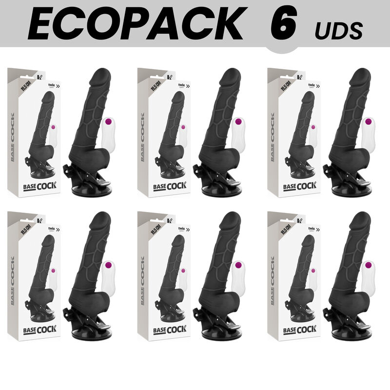 ECOPACK 6 UNITÉS – BASECOCK VIBRATEUR RÉALISTE TÉLÉCOMMANDE NOIR AVEC TESTICULES 19.5 CM -O- 4 CM