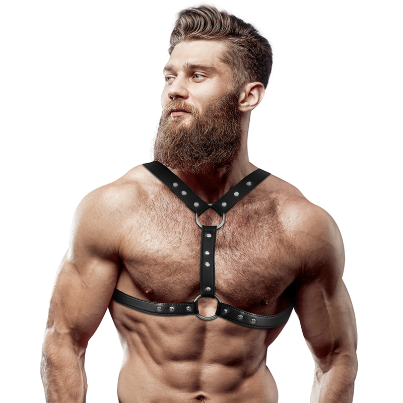 FETISH SUBMISSIVE ATTITUDE – HARNAIS DE POITRINE EN ÉCO-CUIR AVEC DOUBLE SUPPORT ET CLOUS POUR HOMMES