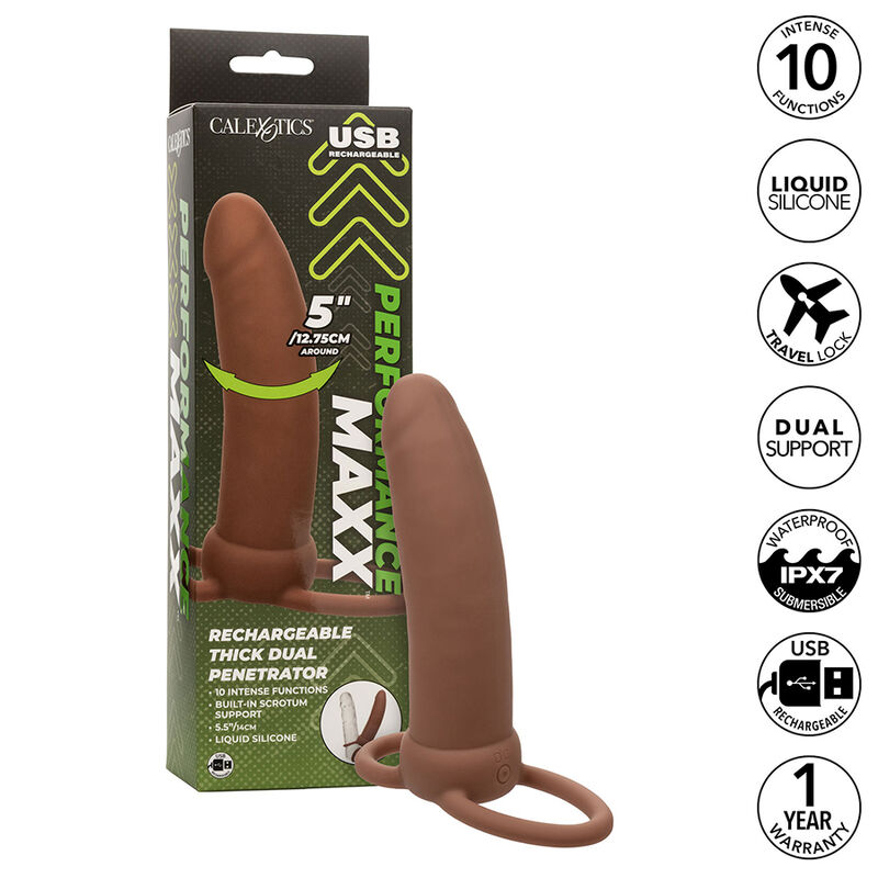 CALEXOTICS – MAXX THICK DOUBLE PÉNÉTRATEUR 10 VIBRATIONS MARRON