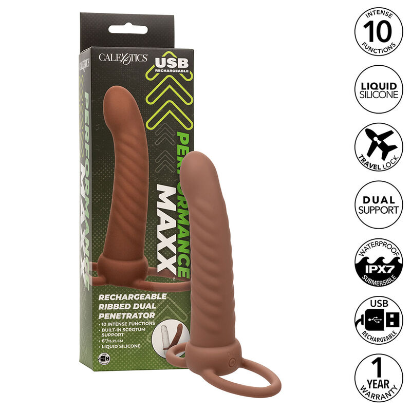 CALEXOTICS – MAXX RIBBED DOUBLE PÉNÉTRATEUR 10 VIBRATIONS MARRON