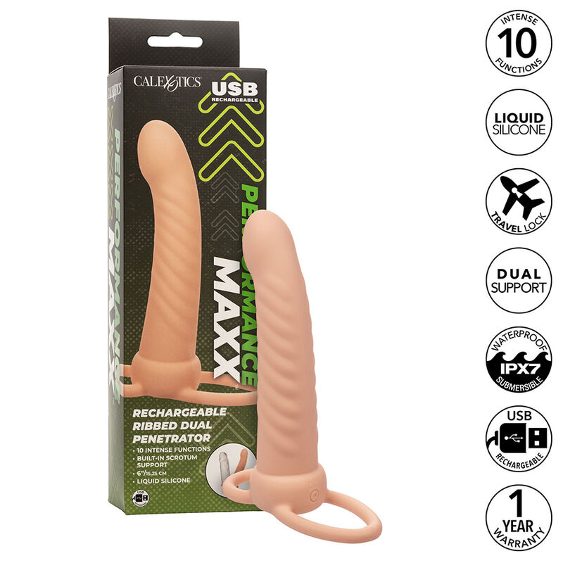 CALEXOTICS – MAXX DOUBLE PÉNÉTRATEUR NERVURÉ 10 VIBRATIONS FLESH