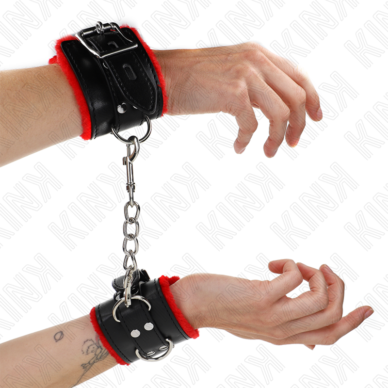 KINK – APPUI-POIGNETS DOUBLÉS DE FOURRURE AVEC TROUS CARRÉS CEINTURE ROUGE ET NOIRE RÉGLABLE 17-29 CM X 6 CM