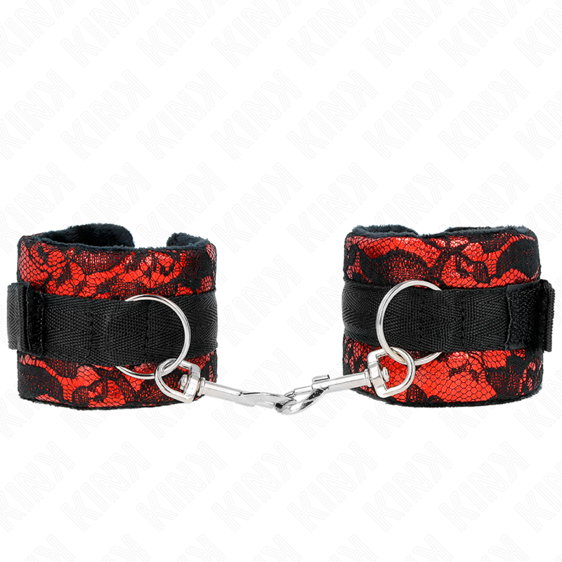 KINK – ATTENTES-POIGNETS COURTES EN DENTELLE DE VELOURS ET RELIURE EN NYLON ROUGE / NOIR 23 X 6,5 CM