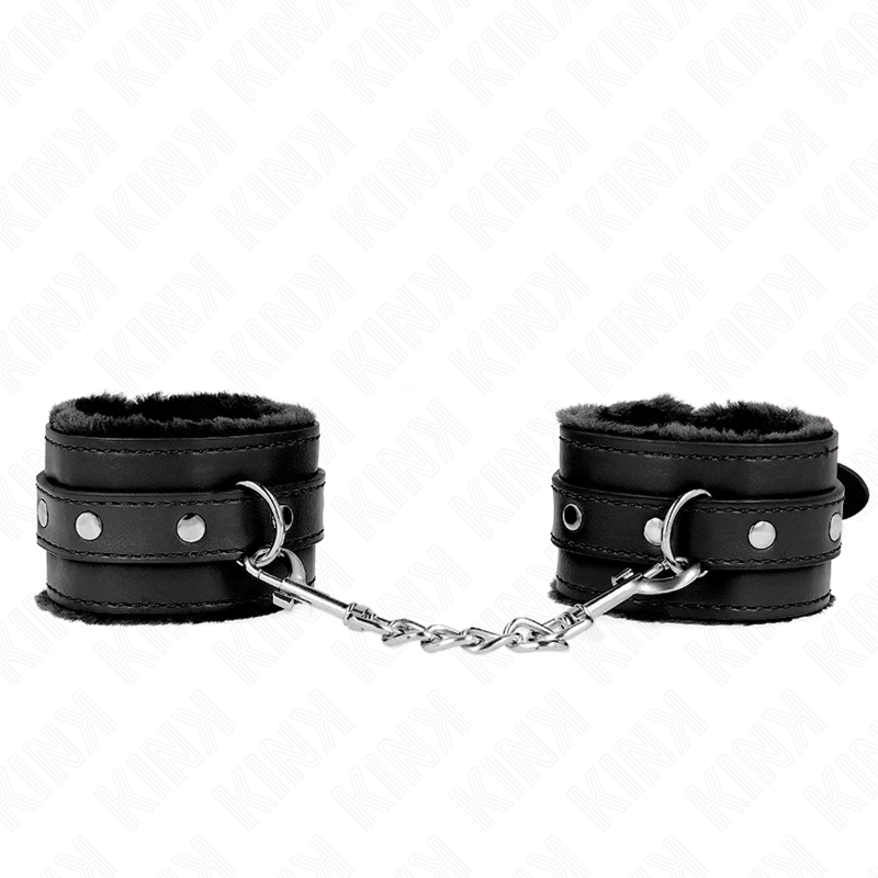 KINK – APPUI-POIGNETS DOUBLÉS DE FOURRURE PREMIUM NOIR AVEC CEINTURE NOIRE RÉGLABLE 17-29 CM X 6 CM