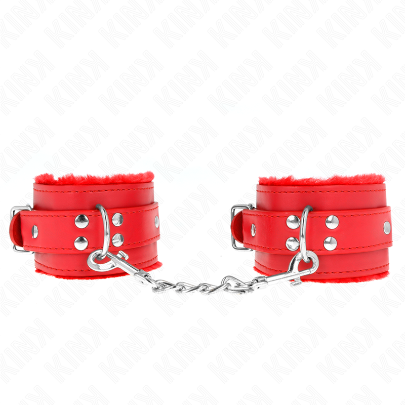 KINK – APPUI-POIGNETS DOUBLÉS DE FOURRURE ROUGE AVEC CEINTURE ROUGE RÉGLABLE 17-29 CM X 6 CM