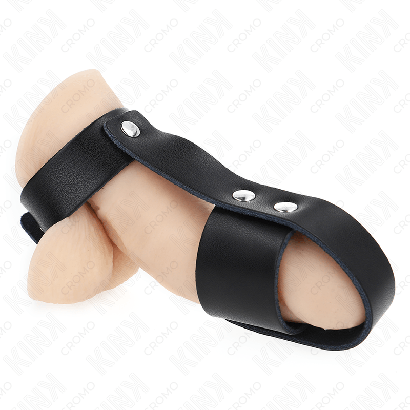 KINK – ANNEAU DE CAGE À PÉNIS EN CUIR AVEC SÉPARATEUR DE BALLES RÉGLABLE