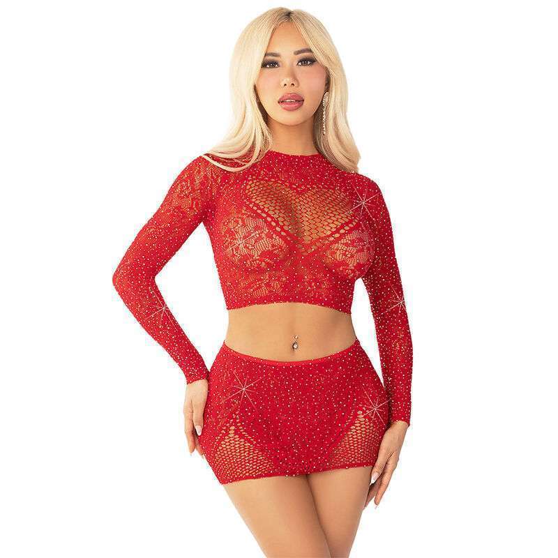LEG AVENUE – JUPE COURTE ET MINI-JUPE EN FILET BRILLANT ROUGE