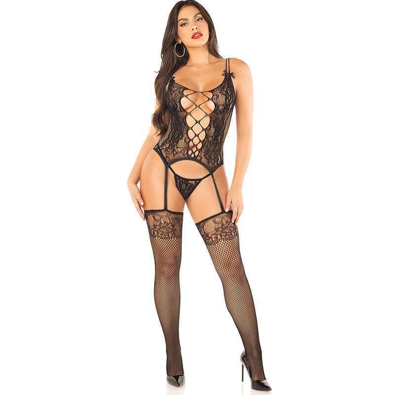 LEG AVENUE – DÉBARDEUR + BAS + STRING NOIR TAILLE UNIQUE