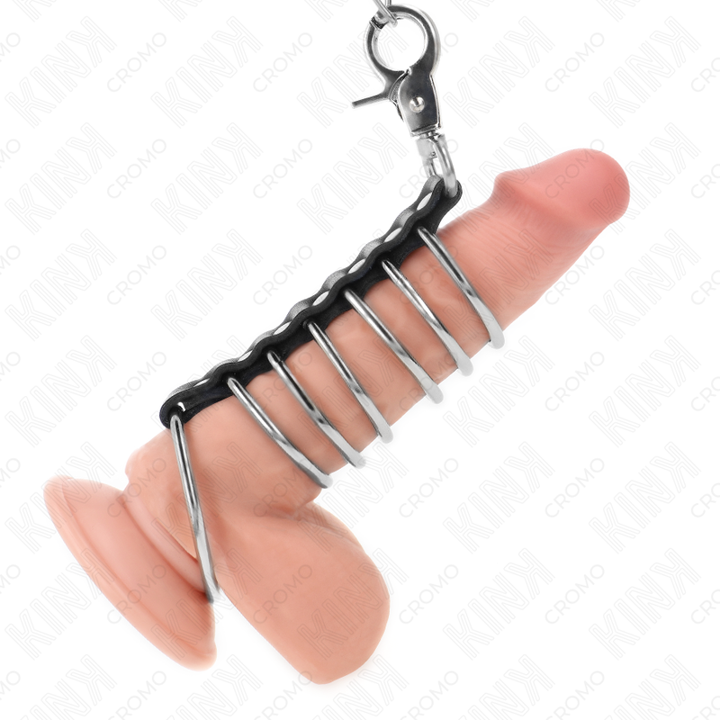 KINK – 7 ANNEAUX PÉNIS EN MÉTAL DE 3,8 CM À 5 CM CONNECTÉS AVEC DU CUIR ET UNE CHAÎNE EN MÉTAL 100 CM