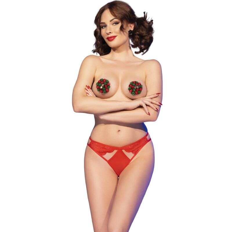 CHILIROSE – CR 4839 ENSEMBLE DE NOËL CACHE-TÉTONS + CULOTTE ROUGE L/XL