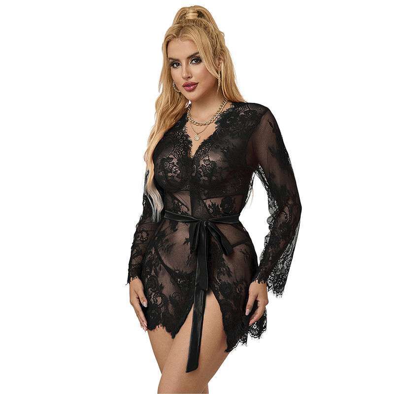 SUBBLIME – 953751 CHEMISIER DE NUIT EN DENTELLE + STRING NOIR S/M