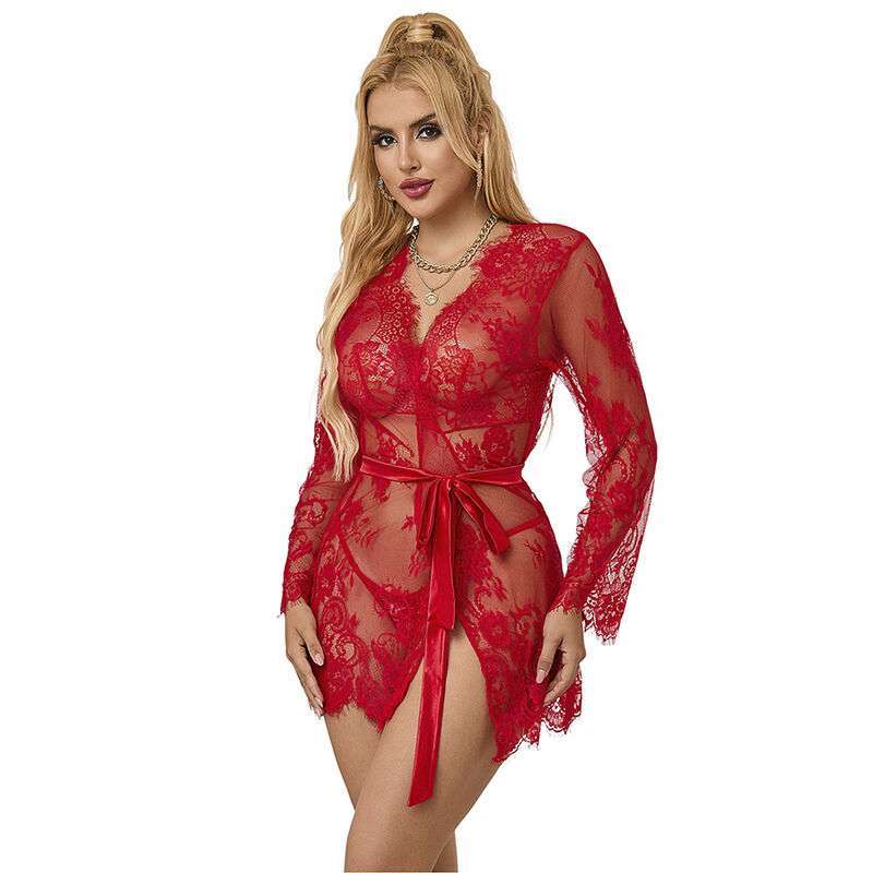 SUBBLIME – 953782 CHEMISIER DE NUIT EN DENTELLE + STRING ROUGE L/XL