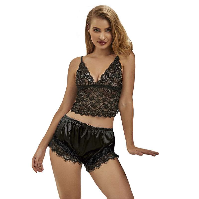 SUBBLIME – 953935 CHEMISE DE NUIT DÉCONTRACTÉE EN SOIE + PANTALON EN DENTELLE NOIR S/M
