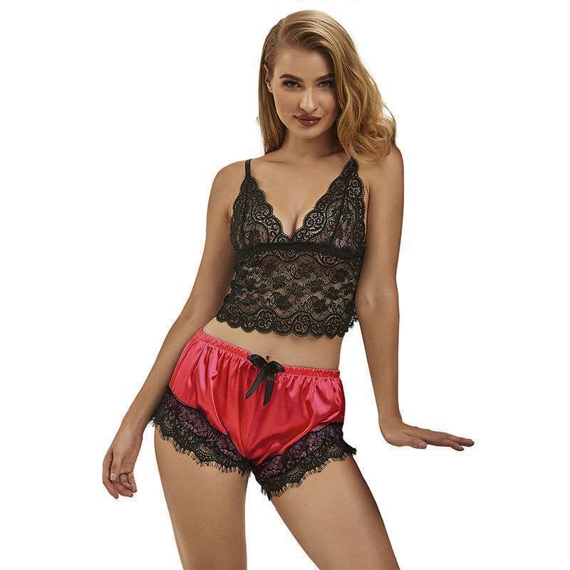 SUBBLIME – 953959 CHEMISE DE NUIT DÉCONTRACTÉE EN SOIE + PANTALON EN DENTELLE NOIR/ROUGE S/M