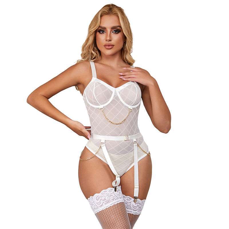 SUBBLIME – 954284 BODY AVEC CHAÎNES + PORTE-JARRETELLES BLANC S/M