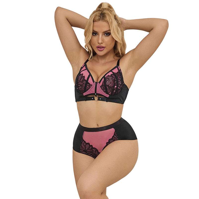 SUBBLIME – 955571 ENSEMBLE SOUTIEN-GORGE EN CUIR VERNI ROSE AVEC FERMETURE ÉCLAIR S/M