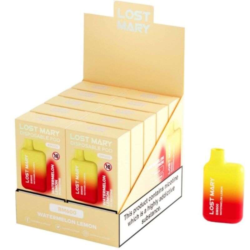 LOST MARY – (PACK PROFESSIONNEL EXPOSANT -10 UNITÉS) BM600 NICOTINE VAPER 2% JETABLE PASTÈQUE CITRON