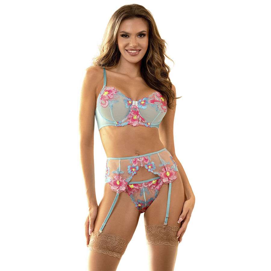 SUBBLIME – 957643 CONJUNTO SUJETADOR Y LIGUERO CON BORDADOS DE FLORES ROSAS S/M