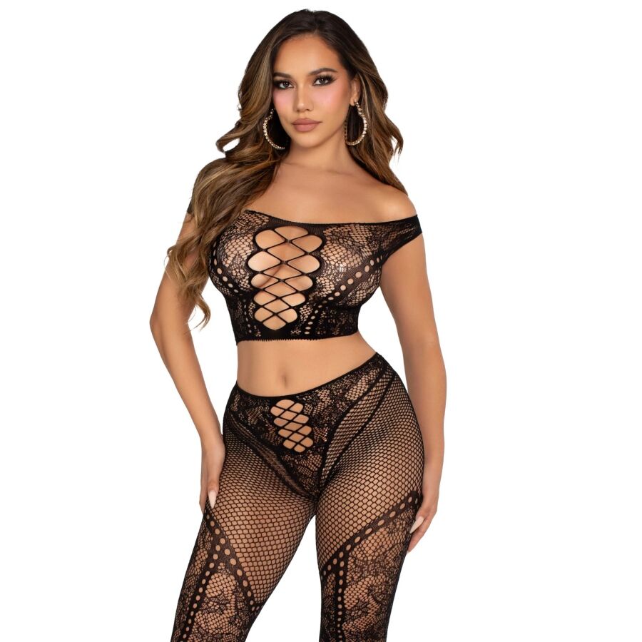 LEG AVENUE – CROP TOP ET LEGGING RÉSILLE ÉPAULES DÉNUDÉES NOIR