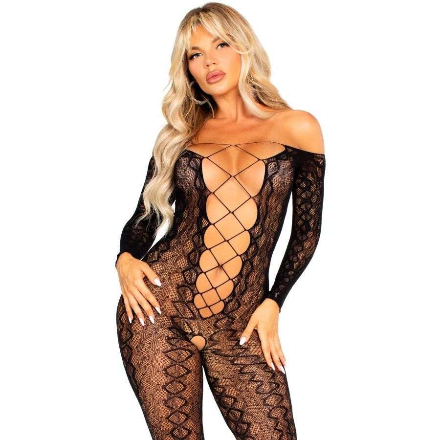 LEG AVENUE – BODYSTOCKING SANS FOURCHE EN DENTELLE SERPENT EXOTIQUE NOIRE